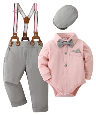 Amissz Baby Boy Gentleman Clothes Suit 0-18 Months Infant Formal Long Sleeve Tuxedo Romper Jumpsuit + Suspender Pants + Beret Hat 3pcs 12-18 Months Pink