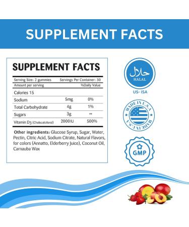 Greenfield Nutritions Halal Vitamin D3 Gummies for Adults - 2000 IU (50 mcg), 90 Gummy Halal Vitamins - Non-GMO Gluten Gelatin Free Vegetarian Halal Vitamin D - Supports Bone Heart & Immune Health - Buy Online on GoSupps.com