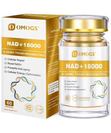 OMOGS NAD+ 300 mg + Trans-Resveratrol 200 mg Pure NAD Supplement Max Absorption Boosting Supplement for DNA Repair Healthy Aging Cellular Energy & Longevity 60 Capsules