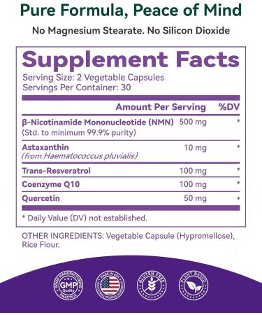 NMN Supplement 500mg 99.9% High Purity Supports NAD+ Levels & Cellular Energy 5-in-1 Formula with Resveratrol & Astaxanthin Non-GMO Gluten-Free 60 Capsules 60 Count (Pack of 1) - Buy Online on GoSupps.com