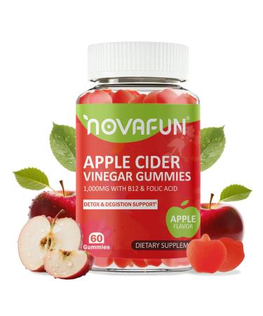 Novafun Apple Cider Vinegar Gummies with Vitamin B12 & Folic Acid 1000mg Apple Cider Vinegar for Detox & Digestion Support Vegetarian & Gluten-Free Apple Flavor 60 Count