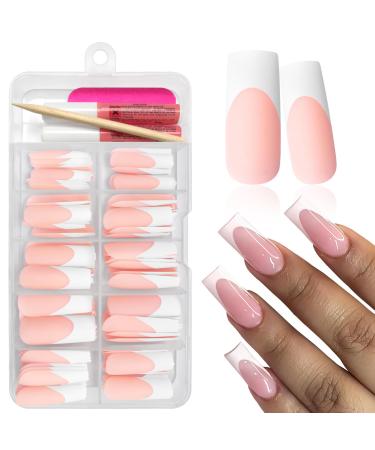120Pcs Long French Tip Press on Nails Square White Tip Fake Nails Full Cover Matte French Tip Glue on False Nails Nude Acrylic Nails Press on for Women Girls Artificial Fingernails White French Long Square