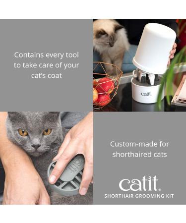 Catit Grooming Kit for Shorthaired Cats | 5-Piece Canister Set with Rubber Palm Brush, Nylon & Metal Slicker Brushes, Fine Comb, Curved Nail Clippers | White, Black, Grey | Short Hair - Buy Online on GoSupps.com