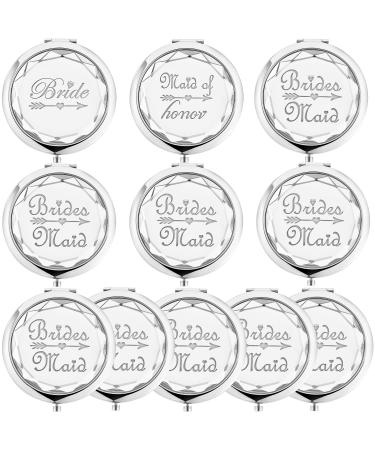 Deutrnew 11 Pack Bridesmaid Gifts Set Include 1 Bride 1 Maid of Honor 9 Bridesmaid Pocket Compact Makeup Mirrors for Bachelorette Party Bridesmaid Proposal Gifts. (Silver)