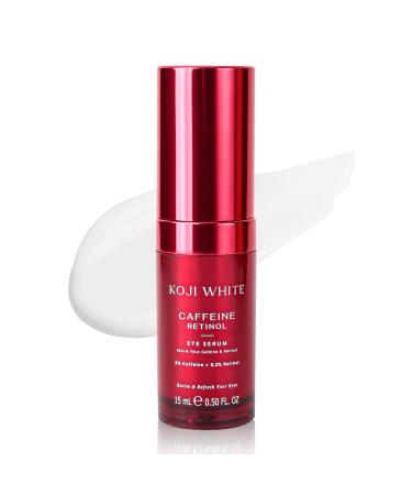 Koji White 3% Caffeine Eye Serum for Puffiness & Dark Circles with 0.2% Retinol, Peptides, Hyaluronic Acid & Vitamin C - Fragrance-Free, Unscented for Sensitive Skin, Vegan Skincare 0.50 Fl Oz