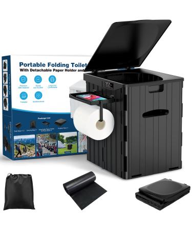 XL Portable Toilet for Adults, Extra Large 15.4"H Foldable Camping Toilet with Detachable Phone Shelf and Toilet Paper Holder, Waterproof Porta Potty with Lid for Camping, Hiking, Long Road Trips, Car Black