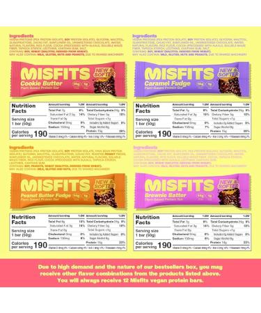 Misfits Vegan Protein Bars - Updated Recipe | Plant Based, Low Sugar & Carb, High Fiber Snacks | Variety Pack of 12 (4 Flavors) - Buy Online on GoSupps.com