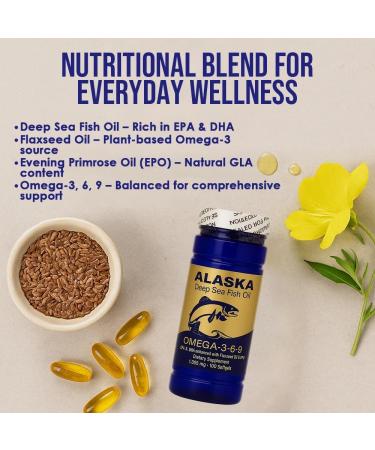 Alaska Deep Sea Fish Oil Omega 3-6-9 | EPA DHA ALA GLA from Fish Flaxseed & Evening Primrose | 1 005 mg | Supports Heart Brain Joint & Immune Wellness | 100 Softgels - Buy Online on GoSupps.com
