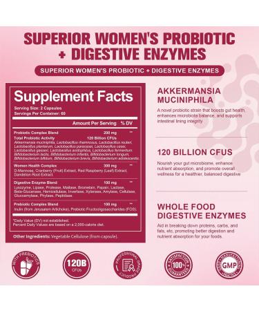 Probiotics for Women 120 Billion Women Probiotic Digestive Enzymes & Prebiotics with Akkermansia Cranberry D-Mannose for Gut Vaginal Urinary Immune PH Balance 120 Vegan Capules 120 Count (Pack of 1) - Buy Online on GoSupps.com