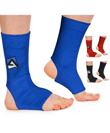 AQF MMA Ankle Support Muay Thai Foot Brace Guard Kick Boxing Sprains Achilles Tendon Pain Relief Protector Elasticated Breathable Compression Sleeve (Blue L) Blue L