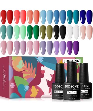 JODSONE 23 PCS Gel Nail Polish Set with Base Glossy and Matte Top Coat Multicolored Gel Nail Long Lasting Suitable for All Seasons 20SET-01A