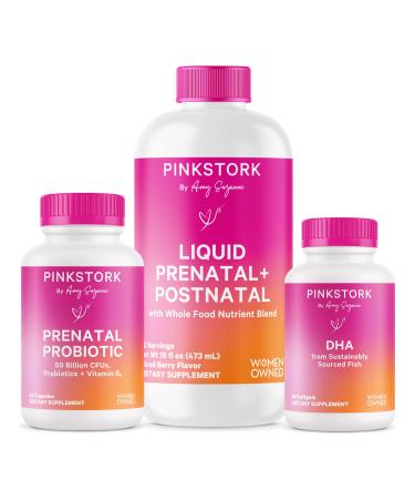 Pink Stork Liquid Prenatal Vitamin Bundle: Liquid Prenatal Vitamin with DHA and Folic Acid + Pro + DHA Prenatal Probiotics for Women Women-Owned