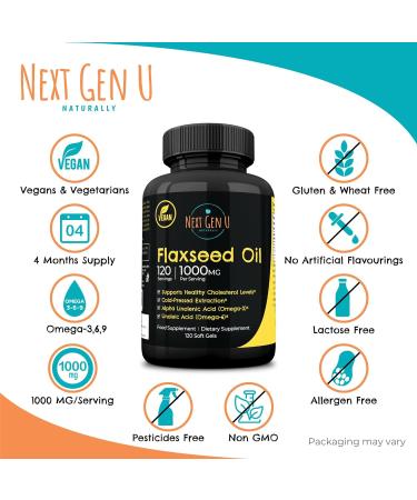 Next Gen U Flaxseed Oil 1000mg Vegan Softgels - Omega 3 6 9 Cold Pressed Supplement - Buy Online on GoSupps.com
