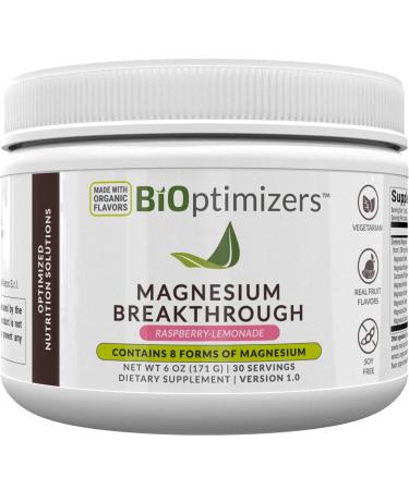 BiOptimizers Magnesium Breakthrough Drink Raspberry Lemonade - 8 Forms of Magnesium: Glycinate Malate Citrate and More - Natural Sleep and Brain Supplement  6 oz (30 Servings)