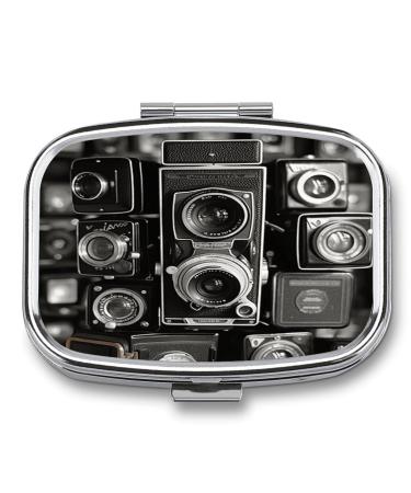 Pill Box Vintage Camera Print 2 Compartment Medicine Pill Case Pill Organizer Decorative Metal Portable Pill Box for Pocket Or Purse Style