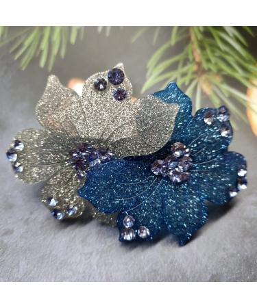 Rhinestone French Barrette Hair Clip - Two-Tone Floral Hairpin for Women in Blue - Buy Online on GoSupps.com