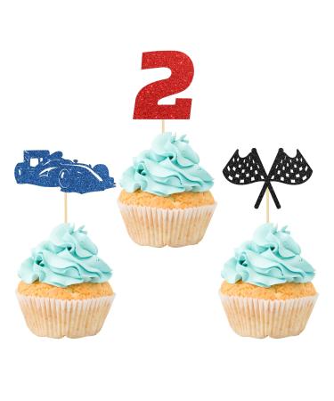 Maicaiffe Two Fast Cupcake Toppers Race Car Birthday Cupcake Toppers 2nd Birthday Two Cool Racing Party Dessert Decors Racing Party Decorations 24Pcs Glitter