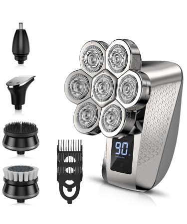 PEACEONE Head Shavers for Bald Men 5 in 1 Grooming Kit for Men IPX7 Waterproof Shaver 7D Rechargeable Rotary Shaver Wet/Dry Shaver Hair Trimmer with LED Display Storage Bag USB Charging