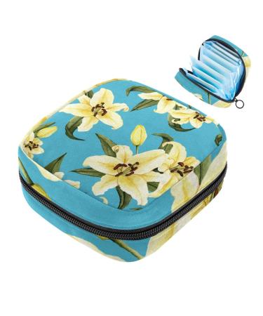 Hand-drawn lily flower blue background women's napkin storage bag menstrual pad bag portable menstrual cup bag with zipper color 9