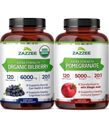 Zazzee Pomegranate Extract and Organic Bilberry Extract Capsules | 20:1 Bilberry Supplement Plus Pomegranate Supplement | Antioxidant Support Bundle