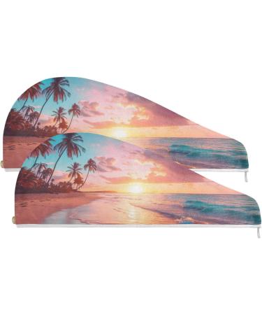Sunset Sea Hair Towel 2 Pack - Super Absorbent Quick Dry Hair Turbans with Button Wrap for Women & Girls | International Shipping - Buy Online on GoSupps.com