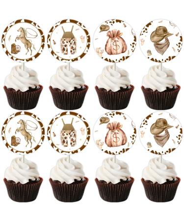 24 Pieces Cowboy Cupcake Toppers Brown Hats Scarf Boots Horseshoes Rompers Cupcake Picks My First Rodeo Western Theme Baby Shower Birthday Party Cake Decoration Supplies