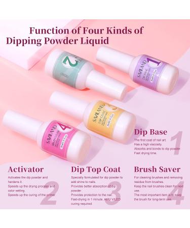 Saviland 4+4pcs Dip Powder Liquid Set - French Manicure Starter Kit with Base, Top Coat, Activator, Saver Brush - 15MLx4 Dipping Powder Liquid Set - Clear - Buy Online on GoSupps.com