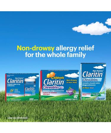 Claritin 24 Hour Chewable Cool Mint Flavored Tablets - 24 Count Pack - Non-Drowsy Allergy Relief Medicine with Loratadine Antihistamine - Buy Online on GoSupps.com