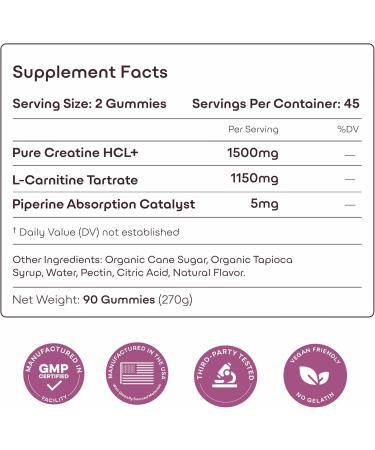 Creatine HCL+ 2000mg Female Performance Complex Sugar-Free Vegan Raspberry Flavor Chewable Gummies for Women 90 Count Rasberry - Buy Online on GoSupps.com