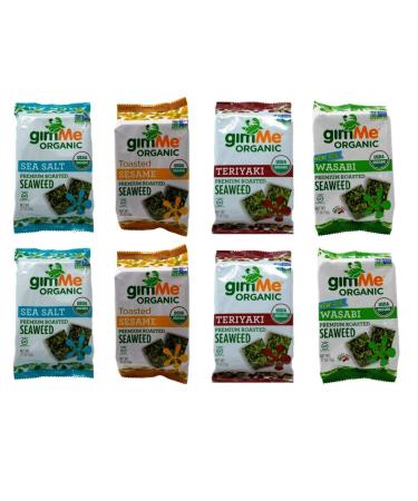 gimMe Organic Non-GMO Gluten Free Vegan Premium Roasted Seaweed Snack 4 Flavor 8 Pack Sampler Variety Bundle, 2 each: Sea Salt, Toasted Sesame, Teriyaki, Hot Wasabi (.17 Ounces)