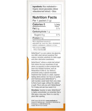 NOW Foods BetterStevia Zero-Calorie Granulated Sweetener Packets Keto Friendly Suitable for Diabetics No Erythritol 100 Packets - Buy Online on GoSupps.com