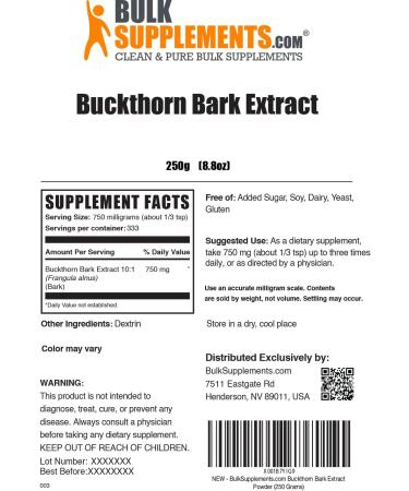 BulkSupplements.com Buckthorn Bark Extract Powder - Buckthorn Bark Powder Herbal Supplement - Vegan & Gluten Free 750mg per Serving 250g (8.8 oz) (Pack of 1) 8.82 Ounce (Pack of 1) - Buy Online on GoSupps.com