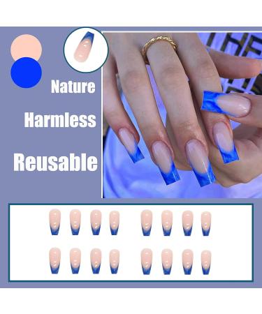QINGGE Navy Blue French Tip Press on Nails Medium Length Coffin Glossy False Nails - Full Cover Wave Design Acrylic Nails for Women - Buy Online on GoSupps.com