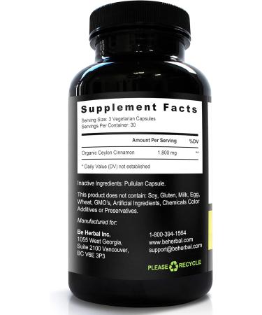 BE HERBAL Organic Ceylon Cinnamon Capsules 1800mg Extra Strength 1800mg - Promotes Healthy Blood Sugar Levels Anti-Inflammatory for Joint Pain Relief Heart Health Supplement Pills 90 Capsules - Buy Online on GoSupps.com