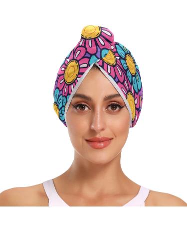 Colorful Hippie Style Flower Hair Towel 2 Pack Super Absorbent Hair Drying Towel Quick Dry Hair Turbans Head Towel with Button Twisty Wrap for Women Girls