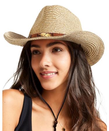 Women Straw Sun Hat Mens Cowboy Style Garden Hat UPF 50+ Wide Brim Summer Hat with Wind Lanyard Beige/Brown One Size