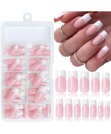 LoveOurHome 120pc French Tips Press on Nails Long Fake Nail Press on Nail Square False Nail Acrylic White Tips Press Square Nail Short Artificial Nail & Glue Adhesive Tabs for Women Girls Long White Tips