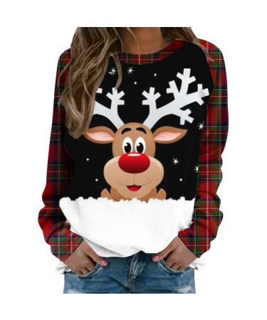 Women's Christmas Sweatshirts Cute Snowman Penguin Print O-Neck Raglan Top Shirt Pullover Comfy Warm Xmas Jumper Winter Long Sleeve Tops Loose Tunic Top Sweaters Z11-black L