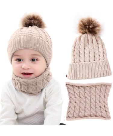 Yinuoday 2PCS Toddler Baby Knit Hat Scarf Winter Warm Beanie Cap with Circle Loop Scarf Neckwarmer Beige