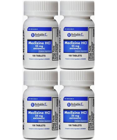 RELIABLE 1 LABORATORIES Meclizine 25 mg Generic Bonine Motion Sickness (100 Chewable Tablets 4 Bottles) - Prevent nausea vomiting and dizziness caused by motion sickness - Buy Online on GoSupps.com