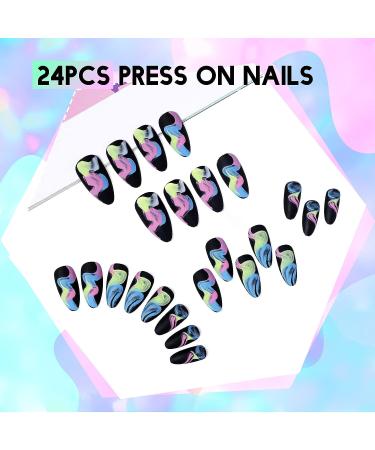 Artquee 24pcs Black Almond Press on Nails - Colorful Graffiti Design Medium Length Stiletto False Nails for Women - Buy Online on GoSupps.com