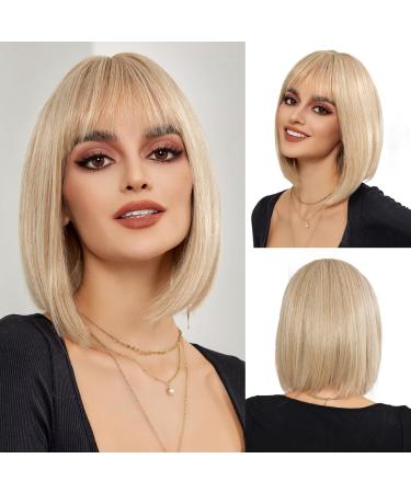OUFEI Blonde Bob Wig With Bangs Short Straight Wig For Women Synthetic Hair Wigs for Daily Party Cosplay Wear Blonde(1032-1)
