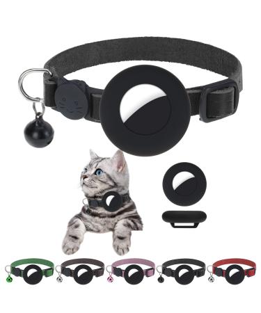 DILLYBUD Airtag Cat Collar Holder 2 Pack Reflective Air Tag Cat Collars Breakaway with Bell, Silicone Waterproof Airtag Case Compatible with Apple Airtag for Small Pets Puppy Kitten Solid Black Leather