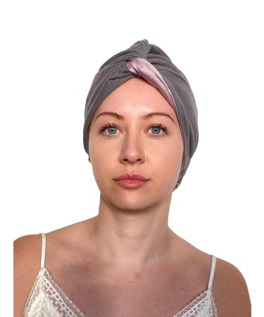 Sustainably Silk Sleeping Turban wrap - Vegan Bamboo Silk Inner Sleep Cap for Curly/Frizzy Hair Light Grey and Lavender One Size