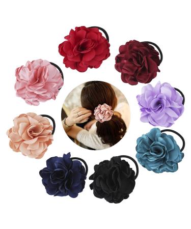 8 Pack Colorful Handmade Flower Hair Bow Elastics Hair Ties Stretchy Rubber Hairband Slim Headband Scrunchies Ponytail Holder Ring Loop for Women Girl
