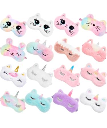 16 Pieces Kids Sleeping Mask Plush Sleeping Eye Cover for Kids Cute Unicorn Bunny Cat Rainbow Eye Mask for Sleeping Funny Sleep Eye Mask Blindfold for Adult Travel Lunch Break Pajama Party 16 Styles
