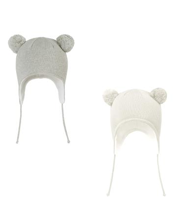 LANGZHEN Toddler Kids Infant Winter Hat Earflap Knit Warm Cap Fleece Lined Beanie for Baby Boys Girls 0-6 Months Classic -White+grey