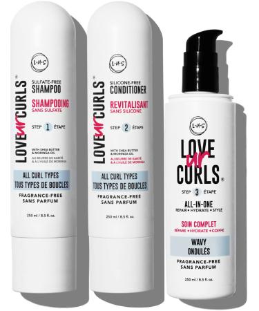LUS Brands Love Ur Curls for Wavy Hair  Fragrance-Free 3-Step System - Shampoo and Conditioner Set with All-in-One Styler - LUS Curls Hair Products for Volume - Nonsticky  Nongreasy  Light Formula  Unscented - 8.5oz each...