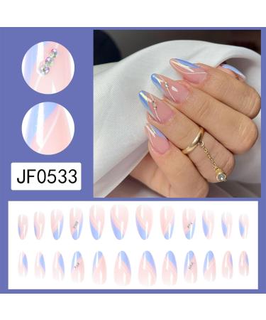 24pcs French False Nails Short Almond Square Press on Nails Pink Laser - Full Cover Acrylic False Nails With Glue for Women and Girls - Buy Online on GoSupps.com