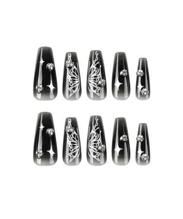 Black Long Coffin Press on Nails with Butterfly & Rhinestones - 24 Pcs Glossy Full Cover Reusable Acrylic Nails for Women - Buy Online on GoSupps.com